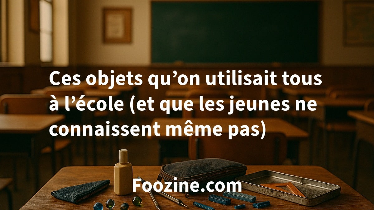 Salle de classe vintage avec objets d’école des années 90 – trousse, compas, billes et cartouches d’encre