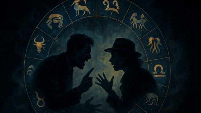 Deux signes astrologiques en plein conflit au centre d’un cercle du zodiaque lumineux, sur fond sombre et étoilé.