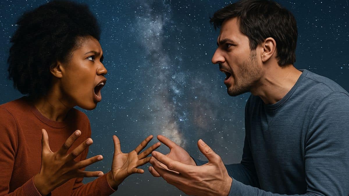 Deux personnes en plein débat animé sous un ciel étoilé, représentant une tension entre signes astrologiques radicaux.