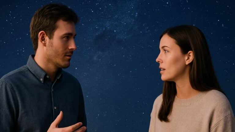 Un homme et une femme discutent de leurs ascendants sous un ciel étoilé dans une ambiance calme et profonde.