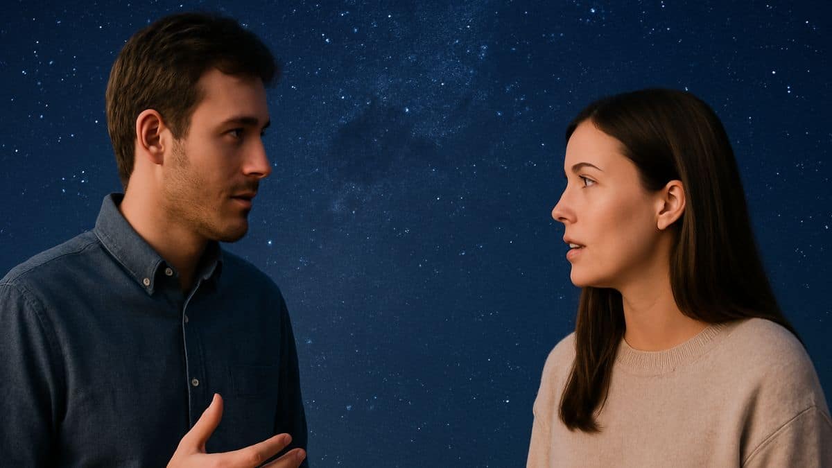 Un homme et une femme discutent de leurs ascendants sous un ciel étoilé dans une ambiance calme et profonde.