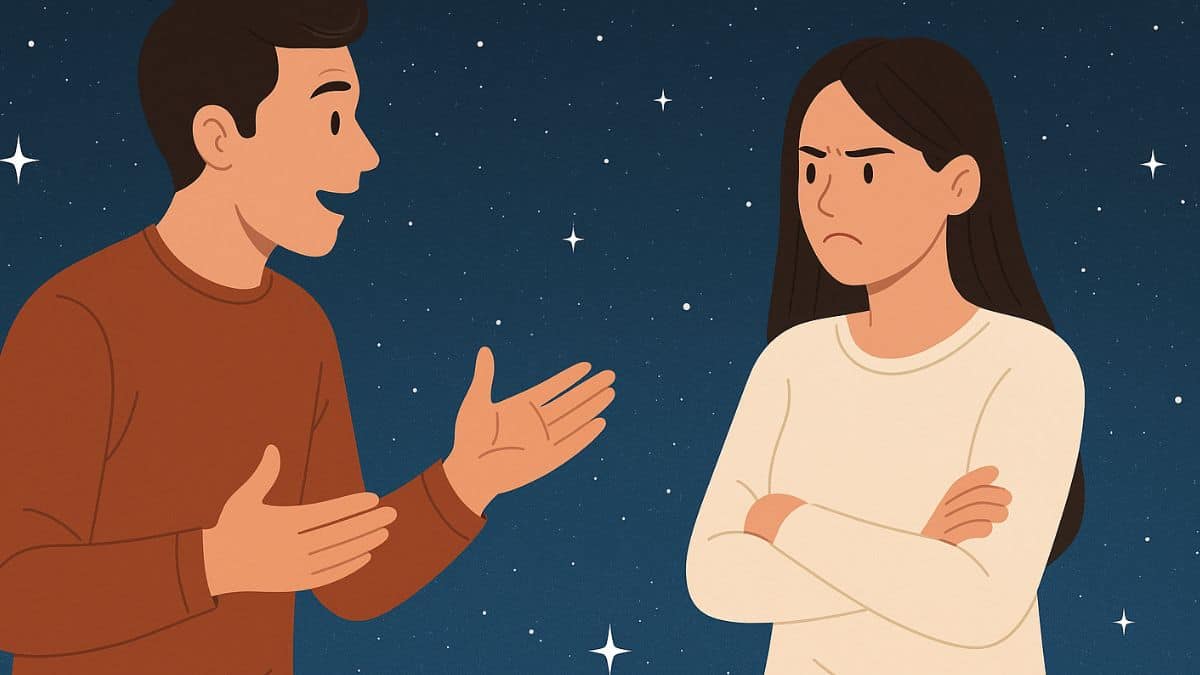 Un homme tente de convaincre une femme têtue devant un ciel étoilé représentant les signes astrologiques.