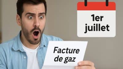 Homme choqué devant une facture de gaz avec un calendrier marqué 1er juillet en français.