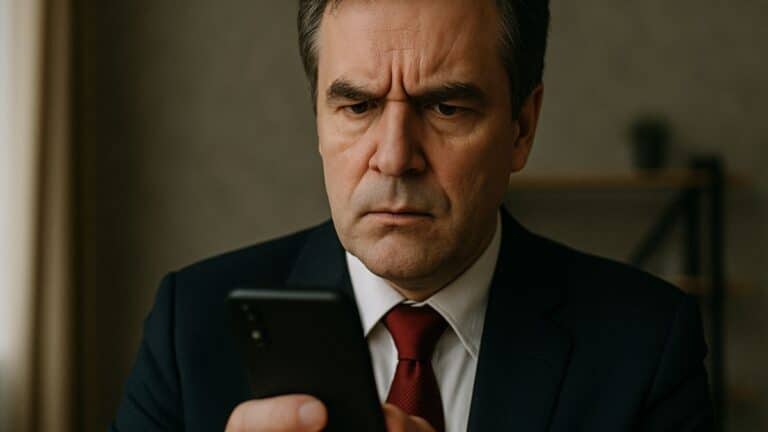 Un homme méfiant d'une arnaque au péage en costume observe attentivement son téléphone dans un intérieur sobre.