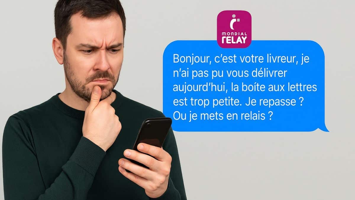 Un homme méfiant d'une potentielle arnaque regarde un SMS suspect prétendant venir de Mondial Relay.