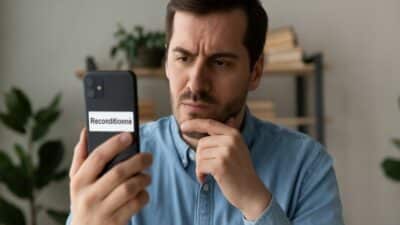 Homme dubitatif examinant un téléphone reconditionné dans un salon lumineux.