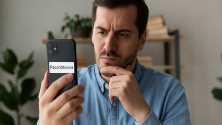 Homme dubitatif examinant un téléphone reconditionné dans un salon lumineux.