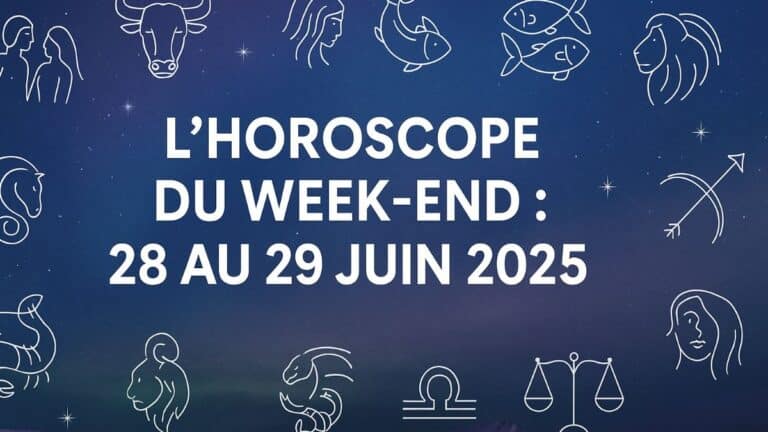 Illustration des signes astrologiques avec la mention des dates du week-end du 28 au 29 juin 2025 pour l'horoscope sur fond étoilé.
