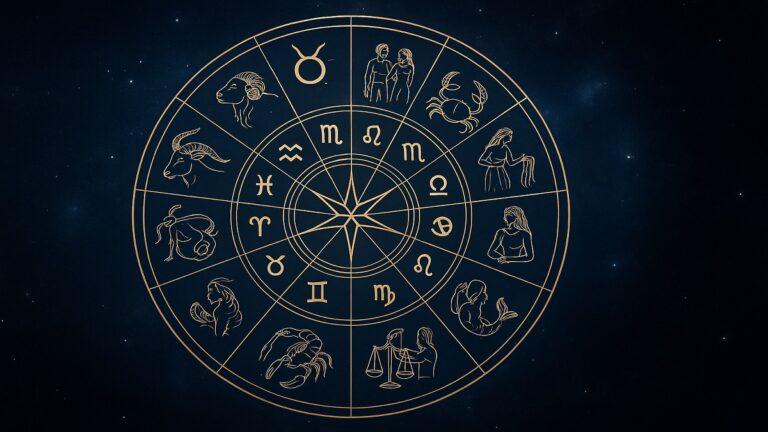 Illustration d’une roue zodiacale avec les 12 signes et leurs glyphes exacts sur fond étoilé, pour l'horoscope de la semaine.