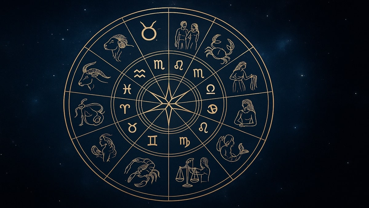 Illustration d’une roue zodiacale avec les 12 signes et leurs glyphes exacts sur fond étoilé, pour l'horoscope de la semaine.