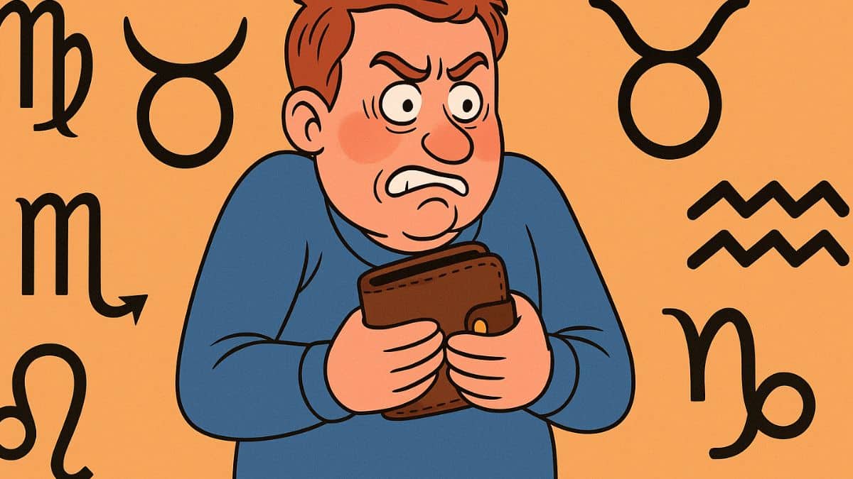 Illustration humoristique d’un homme accroché à son portefeuille entouré de signes astrologiques radins.