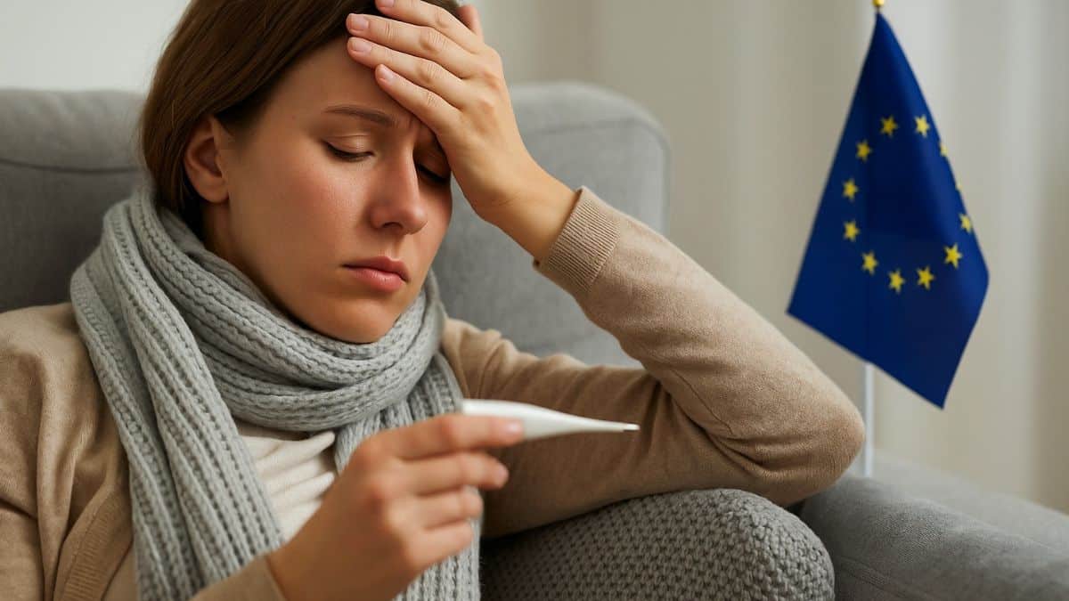 Femme malade pendant ses congés avec un drapeau de l’Union européenne en arrière-plan.