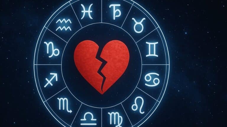 Cercle du zodiaque avec un cœur brisé au centre sur fond étoilé, représentant des signes astrologiques en peine de cœur.