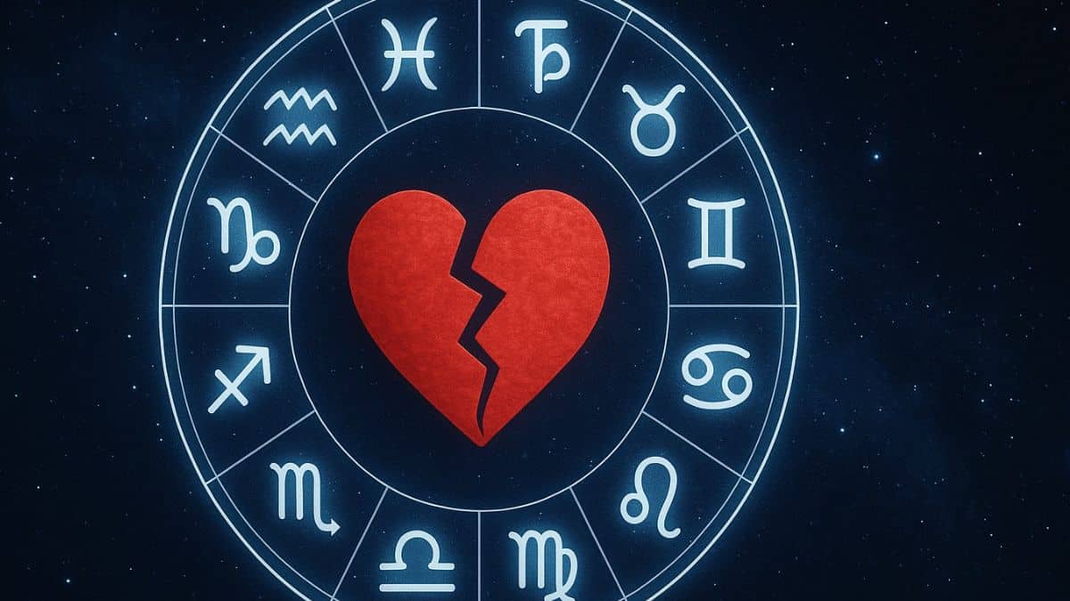 Cercle du zodiaque avec un cœur brisé au centre sur fond étoilé, représentant des signes astrologiques en peine de cœur.