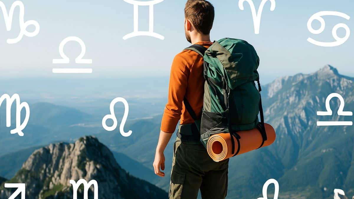 Randonneur en montagne entouré des glyphes des signes astrologiques bien distincts dans un paysage naturel.