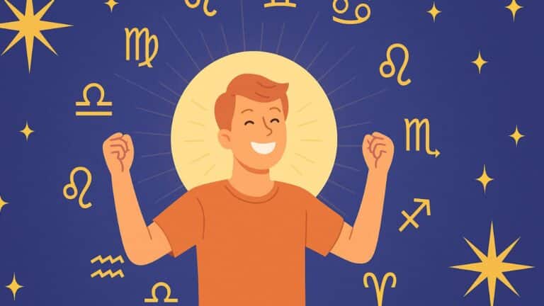 Illustration astrologique joyeuse avec un personnage rempli d'optimisme entouré de glyphes de signes zodiaque.