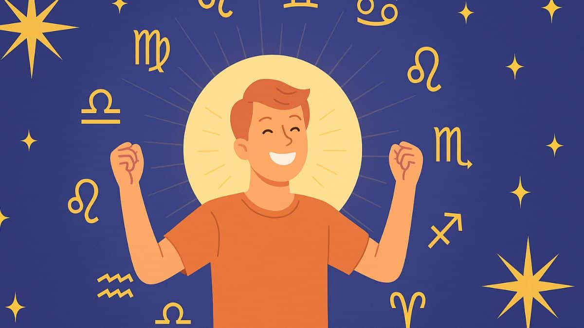 Illustration astrologique joyeuse avec un personnage rempli d'optimisme entouré de glyphes de signes zodiaque.
