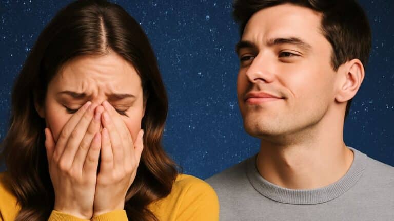 Femme en larmes à côté d’un homme au regard arrogant sur fond de ciel étoilé.
