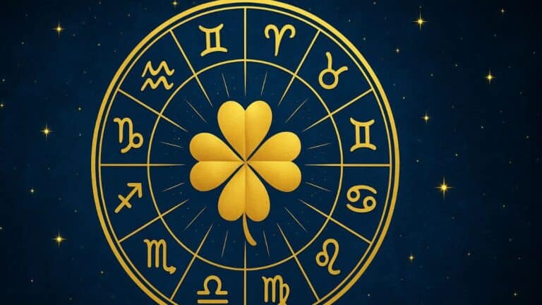 Roue des signes du zodiaque dorée sur fond étoilé avec un trèfle à quatre feuilles lumineux au centre, symbole de chance.