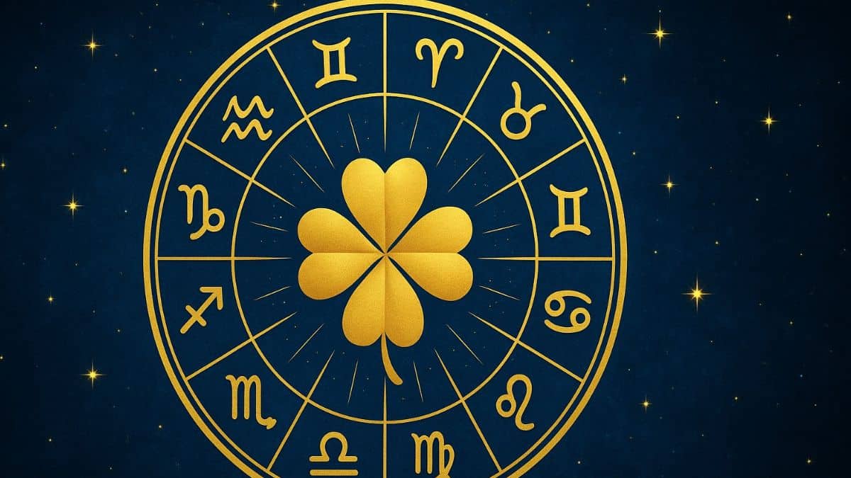 Roue des signes du zodiaque dorée sur fond étoilé avec un trèfle à quatre feuilles lumineux au centre, symbole de chance.
