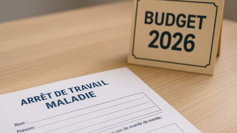 Un arrêt maladie posé sur une table avec un panneau indiquant budget 2026.
