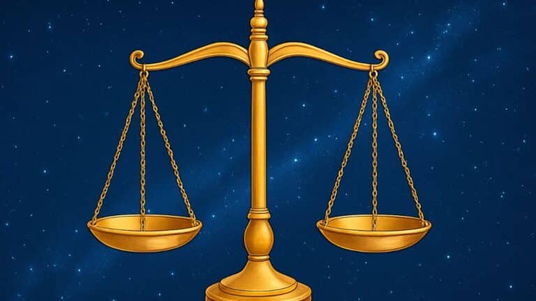 Un balancier de justice doré flottant devant un ciel étoilé bleu profond.