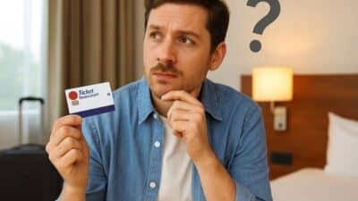 Homme pensif tenant une carte Ticket Restaurant dans une chambre d’hôtel pendant les vacances.