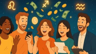 Illustration de cinq personnes heureuses découvrant une opportunité de se faire de l'argent durant l’été, représentant différents signes astrologiques.