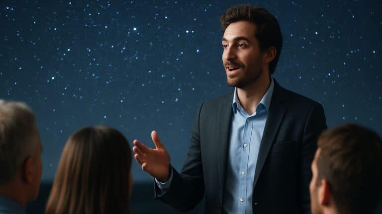 Un homme à l'ascendant charismatique parle devant une assemblée captivée sous un ciel étoilé