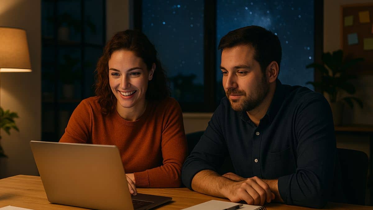 Deux amis ayant une bonne compatibilité professionnelle travaillant ensemble devant un ciel étoilé visible par la fenêtre d’un bureau moderne.