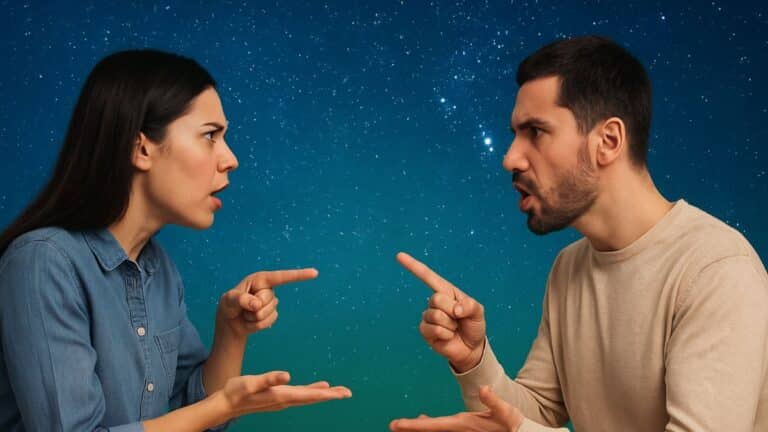 Deux personnes avec de la répartie en débat animé sous un ciel étoilé, échangeant des arguments avec intensité.