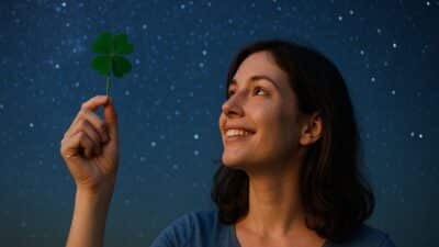 Jeune femme souriante regardant un trèfle à quatre feuilles sous un ciel d'été étoilé.