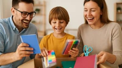 Famille souriante découvrant un colis rempli de fournitures scolaires à la maison pour la rentrée des classes.