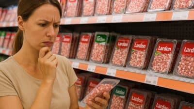 Une femme hésite devant plusieurs barquettes de lardons en supermarché.
