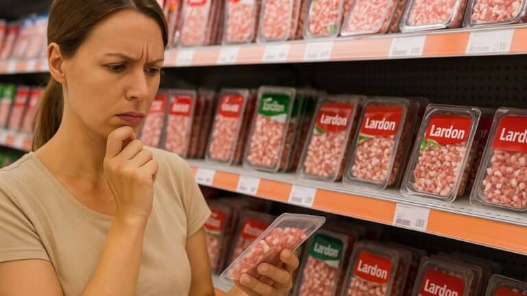 Une femme hésite devant plusieurs barquettes de lardons en supermarché.