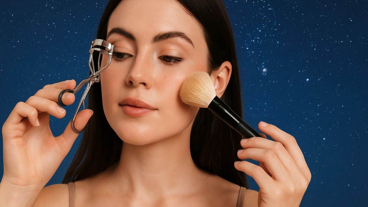 Une femme fan de beauté devant un fond de ciel étoilé, évoquant l’univers de l’astrologie.