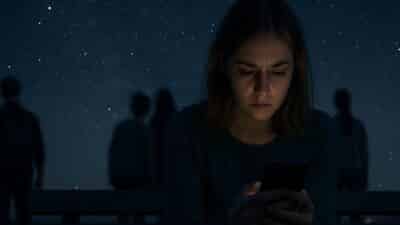 Une jeune femme au cœur brisé à cause d'un signe astrologique, seule regardant son téléphone sous un ciel étoilé, quatre silhouettes floues s’éloignant en arrière-plan.