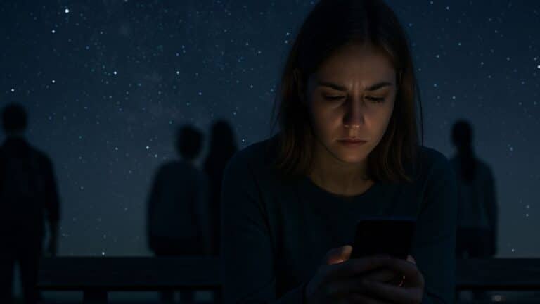 Une jeune femme au cœur brisé à cause d'un signe astrologique, seule regardant son téléphone sous un ciel étoilé, quatre silhouettes floues s’éloignant en arrière-plan.