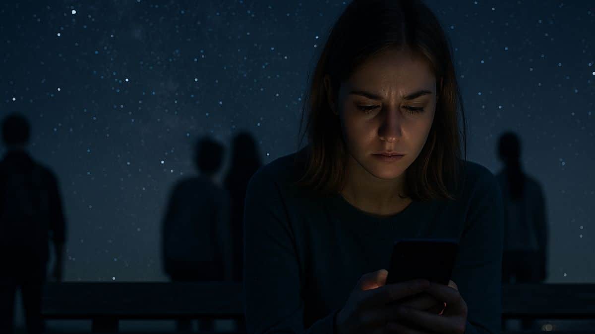 Une jeune femme au cœur brisé à cause d'un signe astrologique, seule regardant son téléphone sous un ciel étoilé, quatre silhouettes floues s’éloignant en arrière-plan.