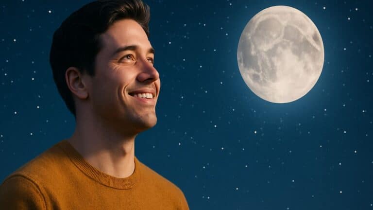 Un homme souriant regarde la lune dans un ciel étoilé, avec une expression de confiance et d’optimisme.