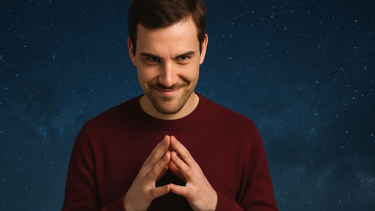 Un homme avec un air sournois sur fond de ciel étoilé, évoquant un plan secret en astrologie.