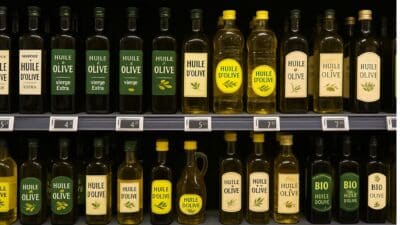 Des bouteilles d'huile d'olive dans un supermarché