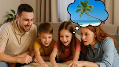 Une famille planifie son itinéraire de vacances d’été en regardant une carte avec en pensée une plage et des cocotiers.