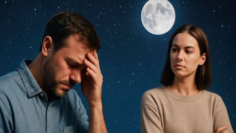 Femme avec une lune froide face à un homme en détresse, sous un ciel étoilé avec la lune.