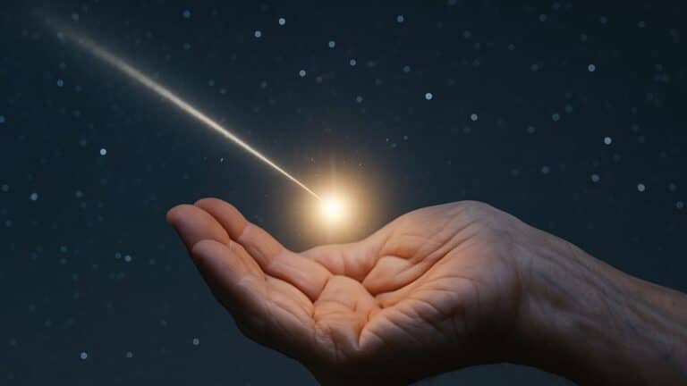 Main ridée tenant une étoile filante sur fond de ciel étoilé, montrant la sagesse acquise avec l'âge.