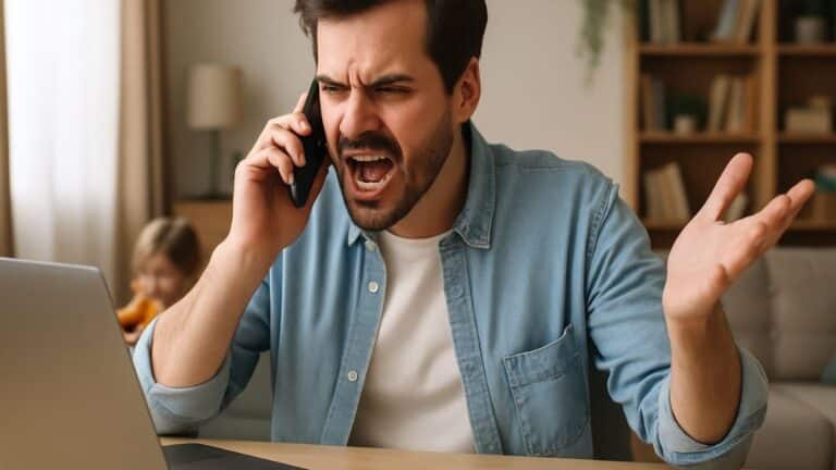 Une personne en télétravail depuis son domicile, visiblement agacée par un appel téléphonique, avec un ordinateur portable devant elle