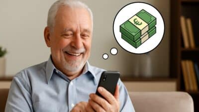 Homme retraité souriant devant son téléphone avec une bulle montrant des billets en euros au-dessus de sa tête.
