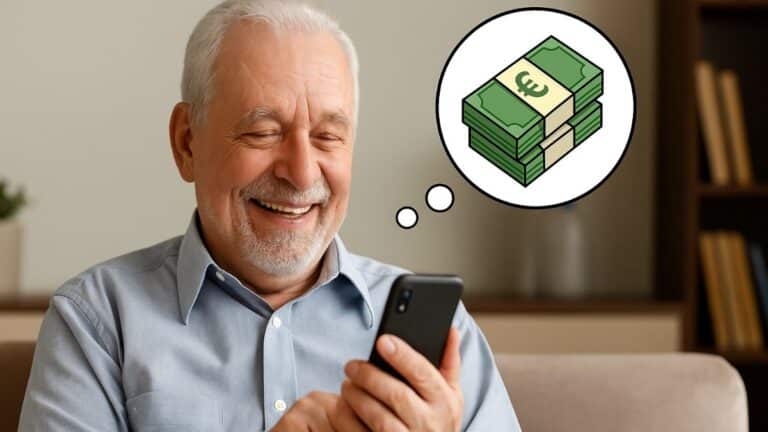 Homme retraité souriant devant son téléphone avec une bulle montrant des billets en euros au-dessus de sa tête.