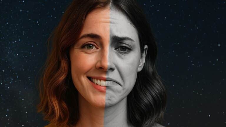 Visage de femme moitié souriante et colorée, moitié triste en noir et blanc, représentant un paradoxe sur fond de ciel étoilé.